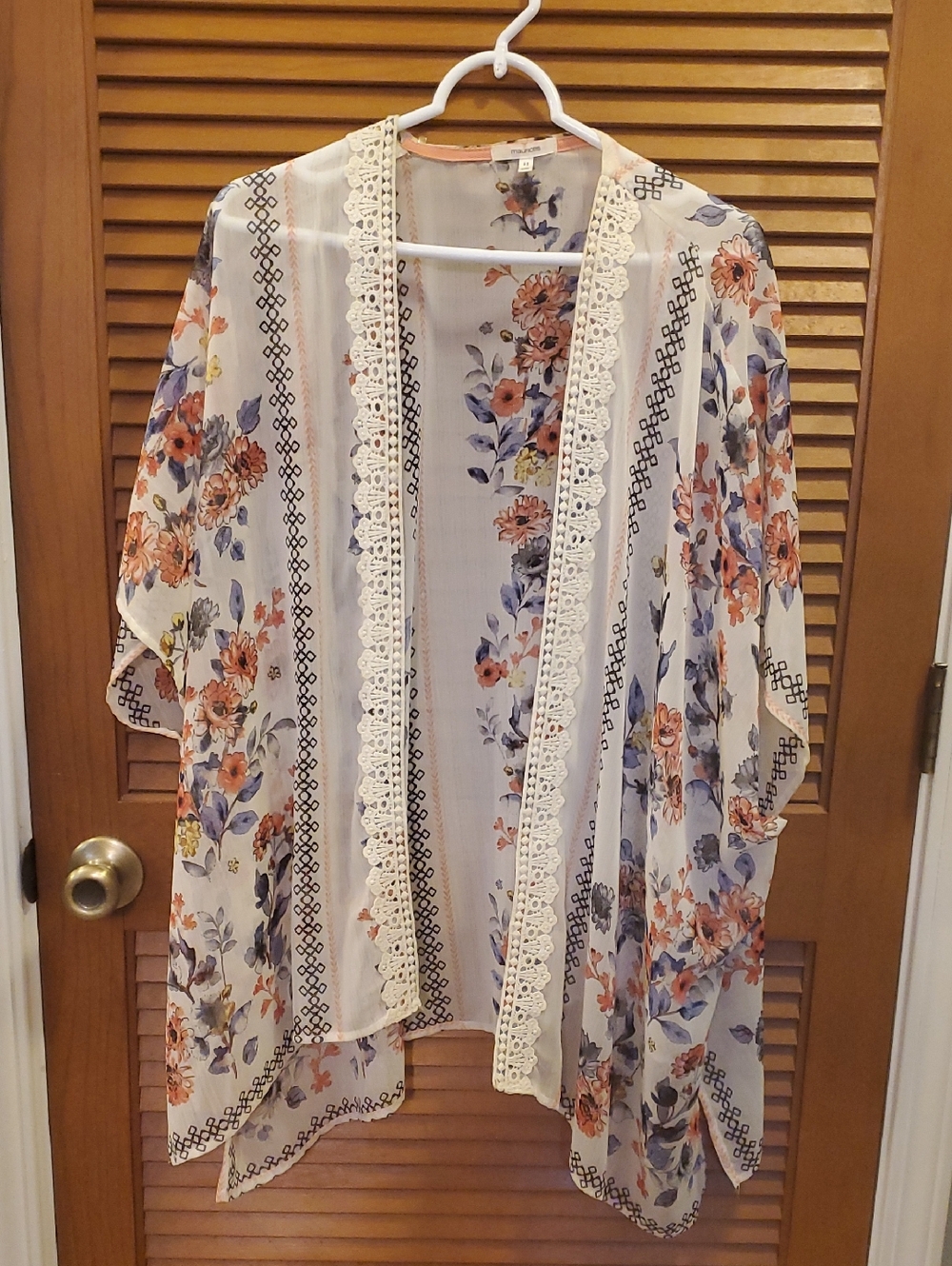 Maurices Cream Floral Open Kimono with Coral & Blue Accents